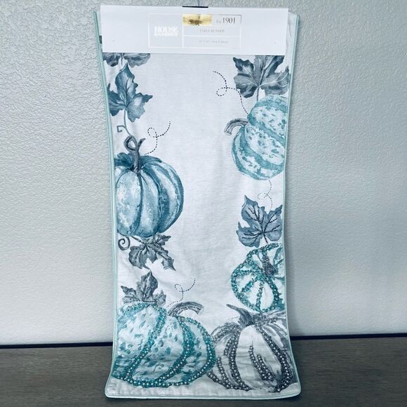 Fall Luxury Beaded Blue Gray Pumpkin Table Runner - Picture 2 of 5